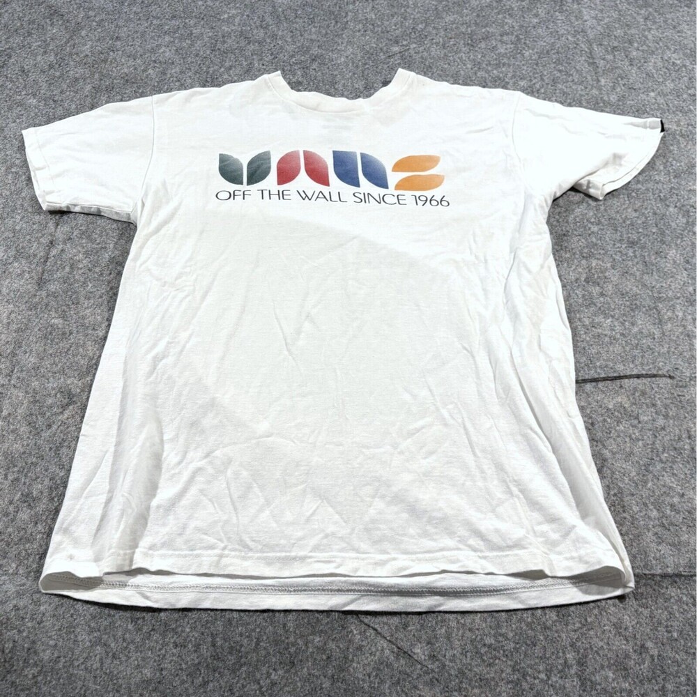 VANS Men's S/S T-Shirt White Crew RETRO LOGO Print Classic Fit White Tee Sz M